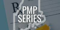 text "PMP series" over an outline of the state of Maine, over a blank paper prescription and open prescription bottle